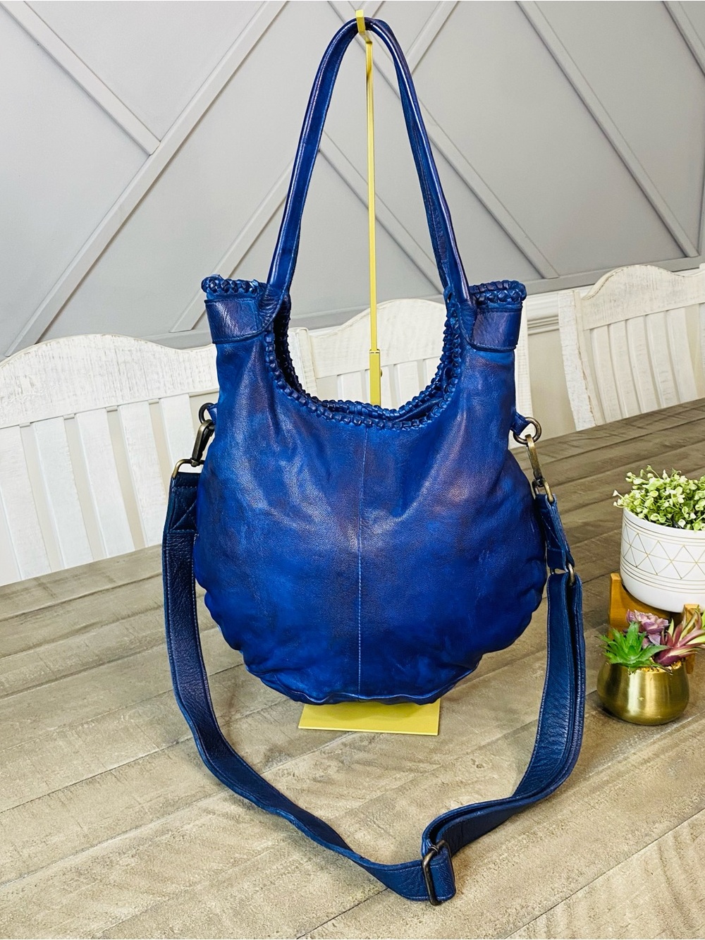 Tano Blue Italian Leather Slouchy Hobo Bag Braided Trim Crossbody Shoulder